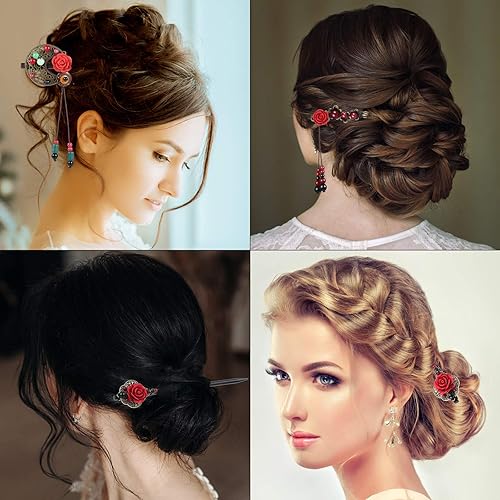 Miniatura 4 de 3 piezas de palillos chinos para el cabello, horquilla de madera retro japonesa, palillos para el cabello con flores, hechos a mano, accesorios para