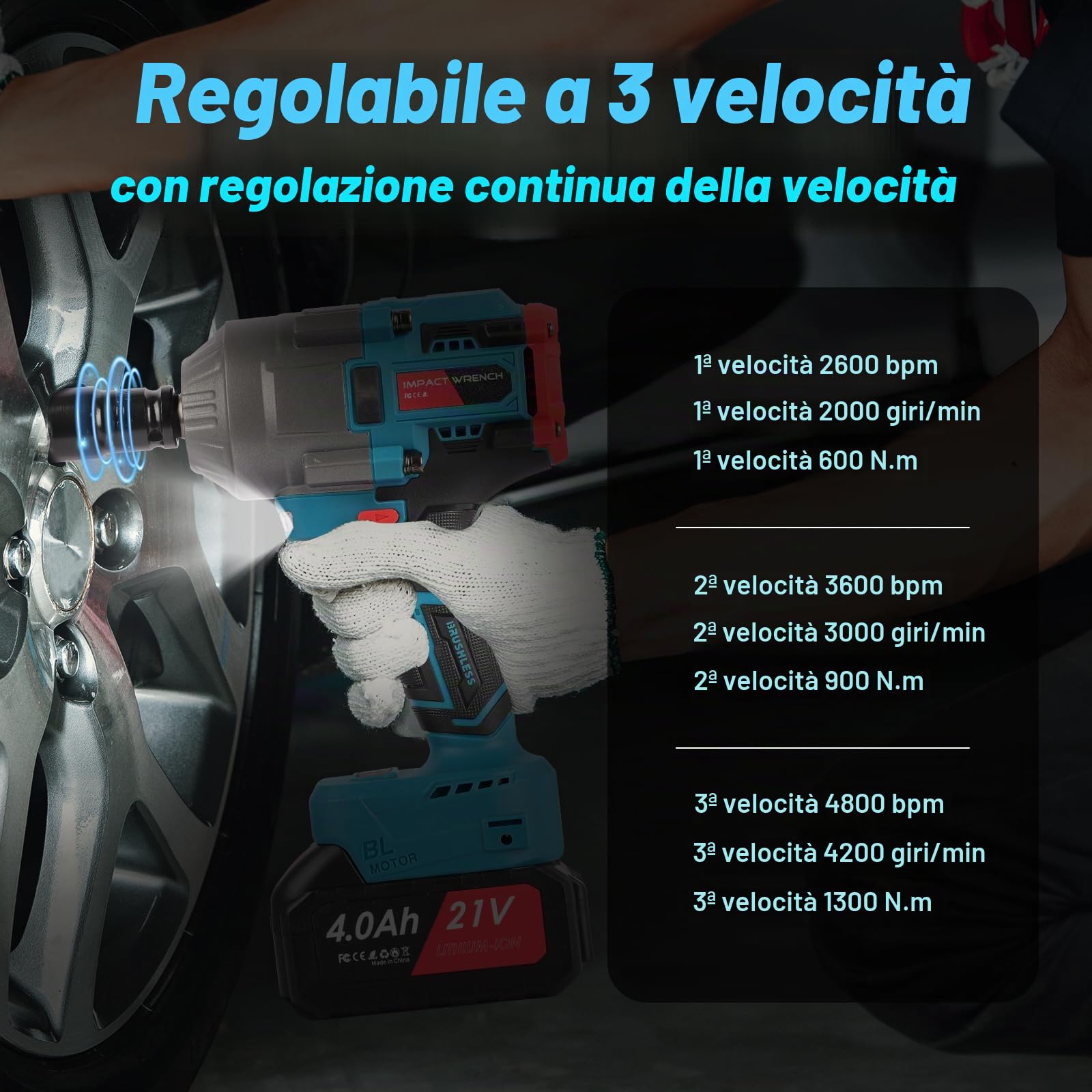 Avvitatore a Impulsi 1/2”,1300 Nm, 21V con 2 Batterie 4.0Ah,3 Velocità | Avvitatore a Percussione,6 Bussole, Chiave a Impulsi ad Alta Potenza per Auto, Officina e Fai-da-Te