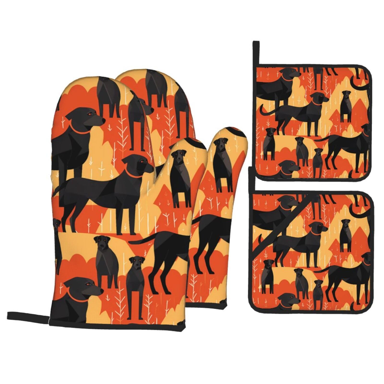 HJFCZH Black Dogs Picture Kitchen Baking Set of 4 Thick Insulated Oven Mitt & Pot Holders, Anti-Scalding for Microwave, Oven, Outdoor BBQ