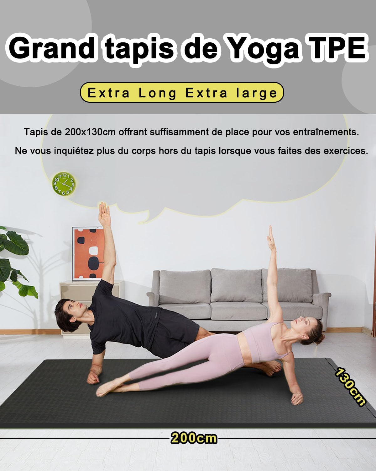 Tapis Sport Fitness Grande 200×130cm 15mm Epais Tapis de Yoga Antidérapant XXL Tapis de Gym Pilates Exercice avec Sac de Yoga