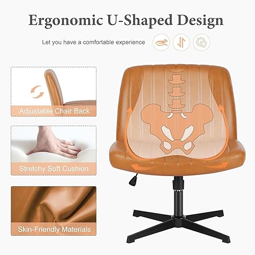 Miniatura 5 de Sweetcrispy Criss Cross Chair Legged, Armless Office Wide Desk Chair No Wheels, PU Leather Swivel Vanity Height Adjustable Fabric Modern Computer