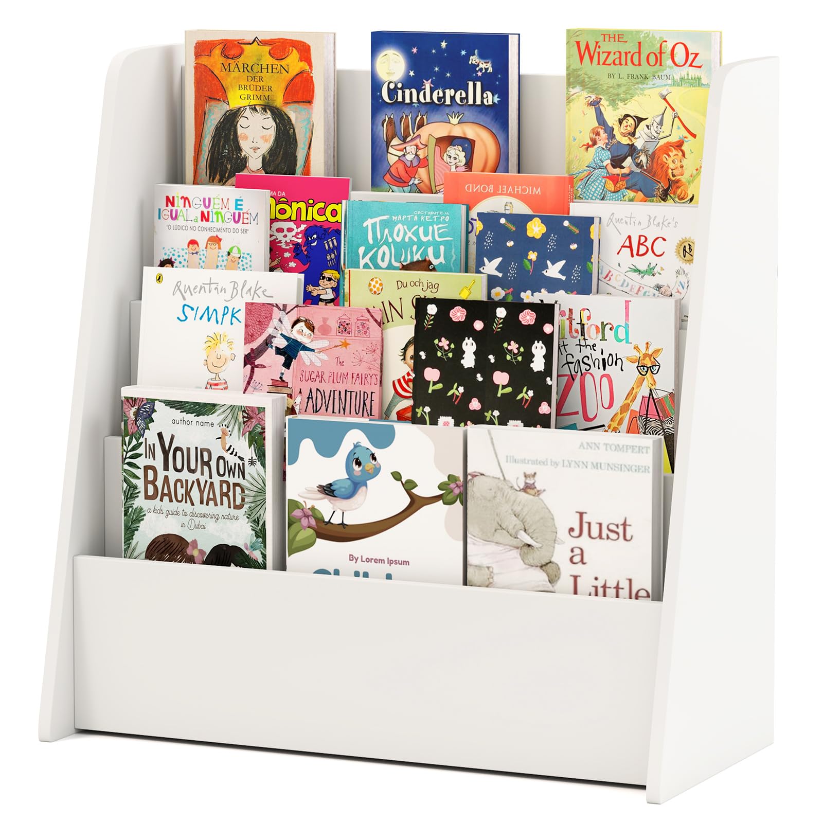 COSTWAY Kids Bookshelf, 4 Tier Children Bookcase with Deep Compartments, Front-Facing Books Display Rack for Playroom, Daycare, Kid’ Room (White)