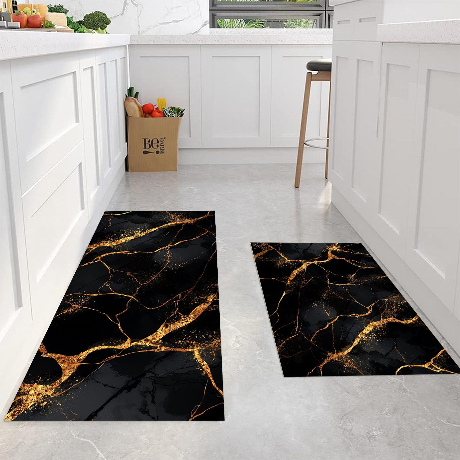 Set Di 2 Tappeto Cucina - Impermeabile - Antiscivolo - Antimacchia - Lavabili - Tappetini Da Strisce Astratte - Per Corridoio Cucina - Marmo Elegante - Oro Nero - 40X60+40X120Cm