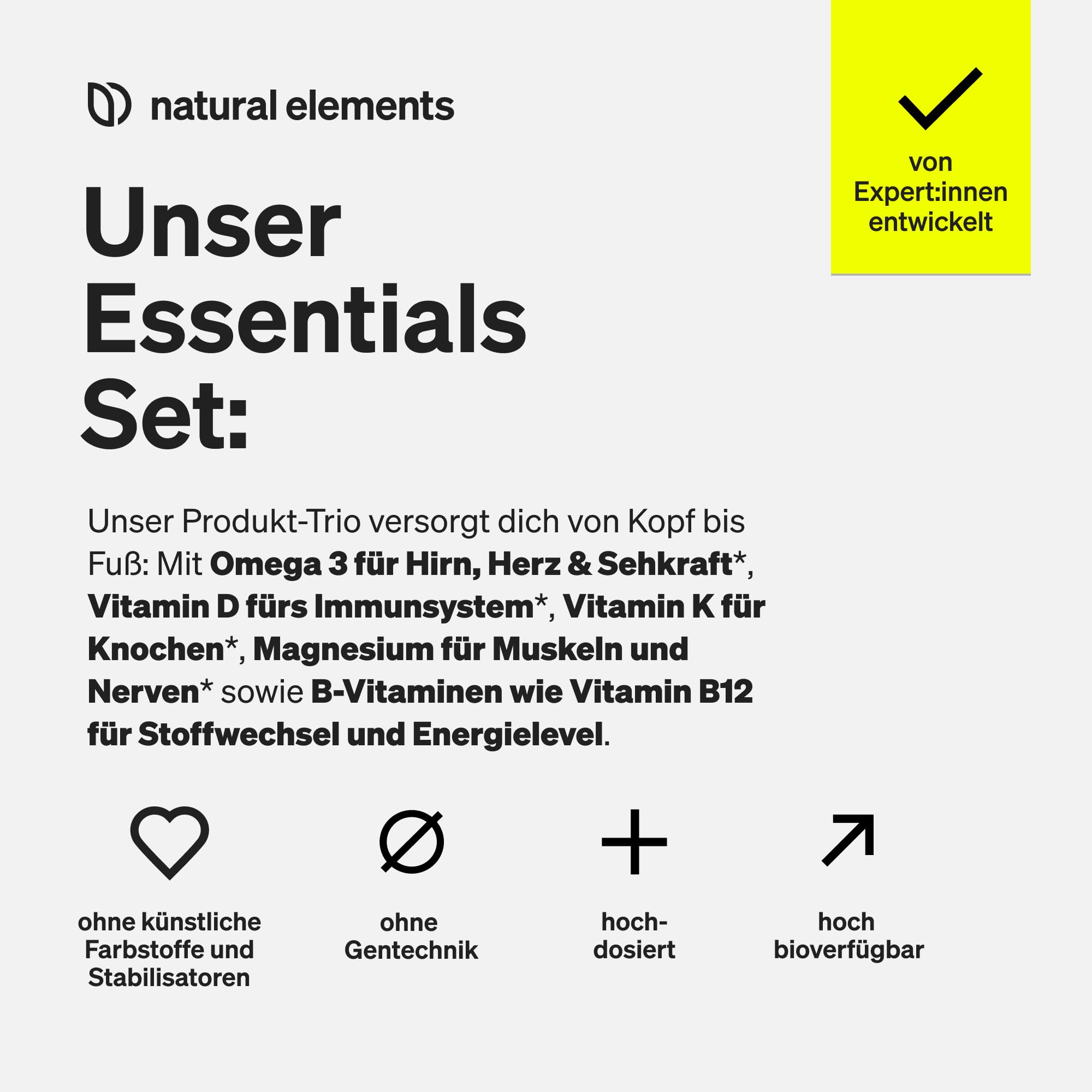 natural elements Essentials Set - Magnesium Komplex, Vitamin B Komplex, D3 K2 & Omega 3 Kapseln - hochdosiert, ohne unnötige Zusätze - für deinen Alltag