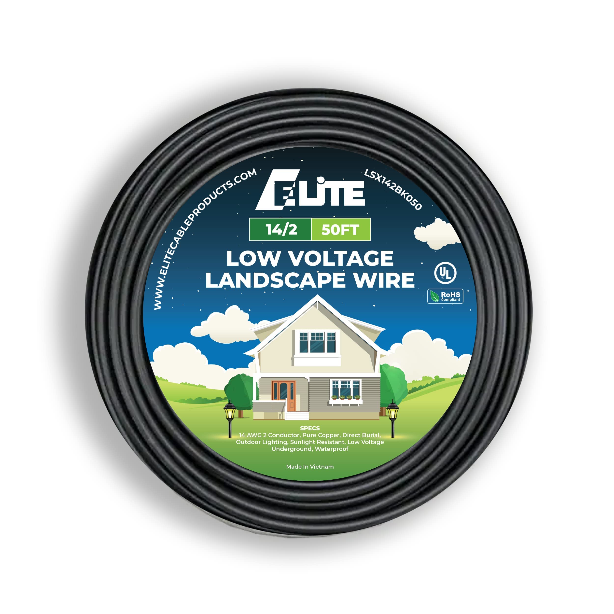 Elite 14/2 Landscape Lighting Wire, Low Voltage, Direct Burial, Outdoor, 50ft, UL Listed, Pure Copper, 14AWG 2 Conductor