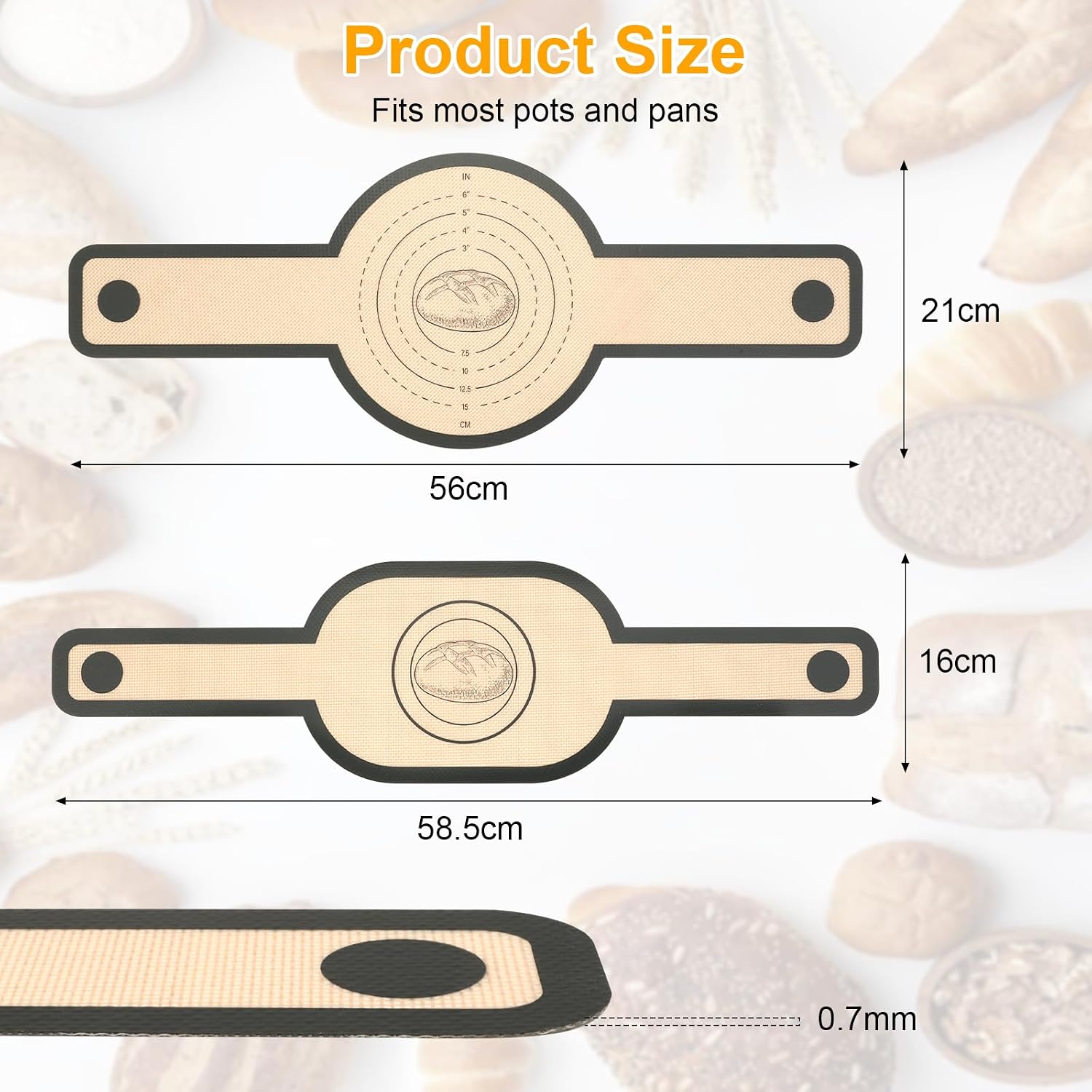 VINATO Set of 2 Silicone Baking Mats for Bread with Long Handles, Non-Stick & Heat Resistant, Round & Oval, Reusable Replacement for Baking Paper, Bread Baking Accessories (56 x 21 cm & 58.5 x 16 cm)