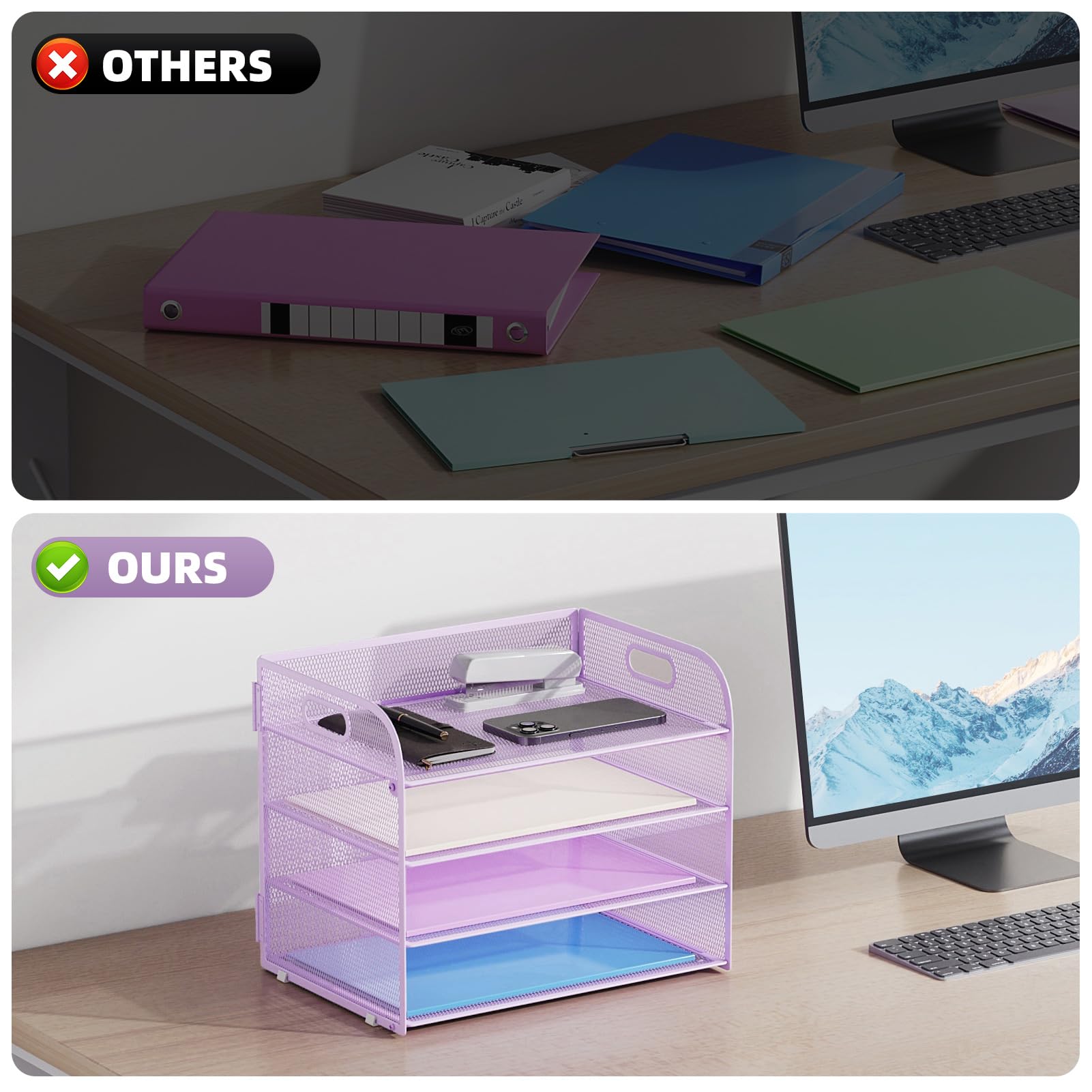 Marbrasse Vassoi da Scrivania,Porta Documenti Organizer Ufficio 4 Livelli con Maniglia, Vassoio in Rete per Portaoggetti Scrivania, Ufficio, Casa, Archivio A4, Archiviazione Accessori(Viola)