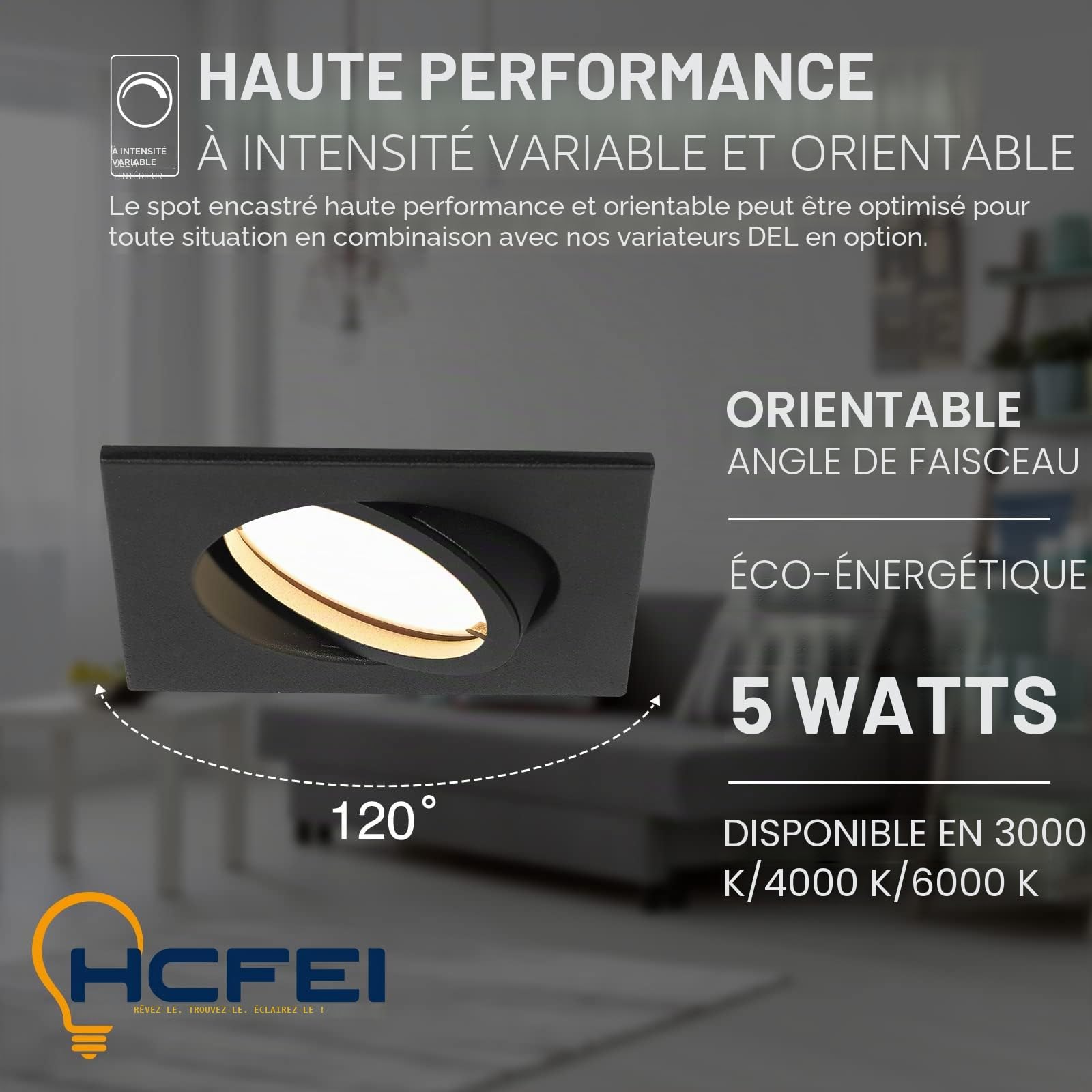 HCFEI Spot LED Encastrable Ultra Plat | 425 Lumen | 230V 5W | Dimmable | Corps Carré | Orientable | Noir (10er - Blanc Chaud)