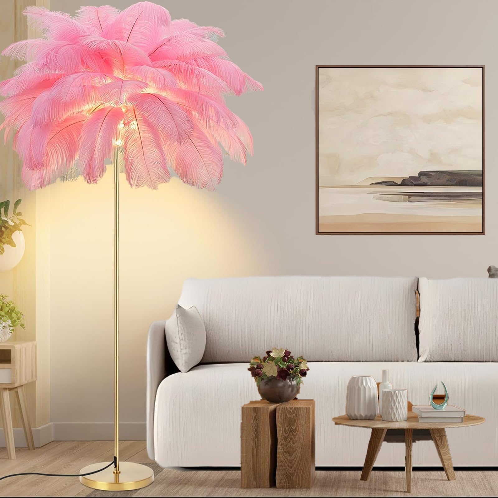 Lampa stojąca z piórami, nowoczesna, 160 cm, duża, strusie pióra, złota lampa stojąca z abażurem ze sprężynami, 3-kolorowe ściemnianie, z przełącznikiem przyciskowym, oświetlenie dekoracyjne