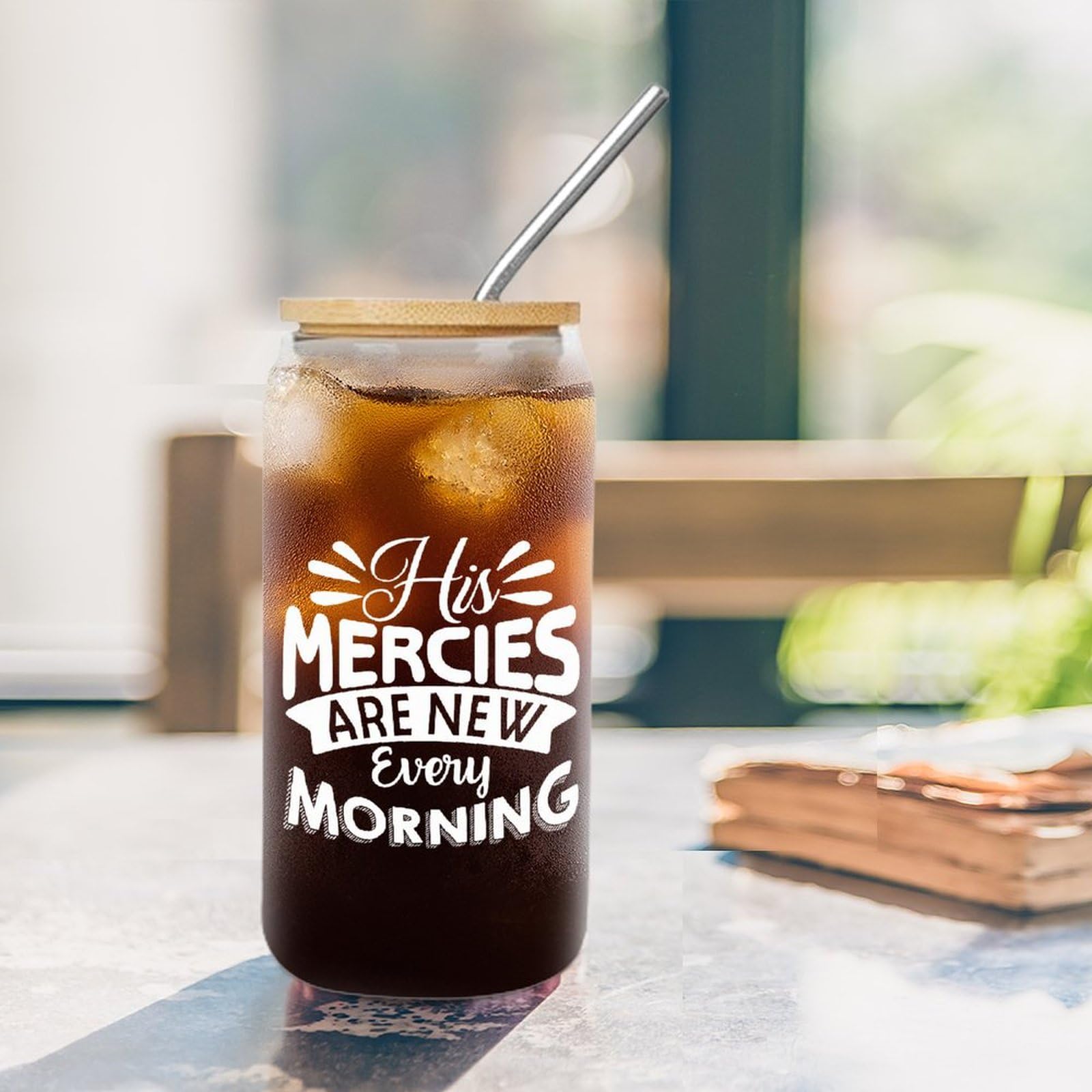 Luckluccy Glass Coffee Cups with Lids And Straw His Mercies Are New Every Morning Glass Cup Can Beer Cups Cups Great For Soda Whiskey Coffee 16 OZ