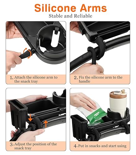 Miniatura 4 de Zooawa Bandeja universal para refrigerios para cochecito, 3 en 1 con soporte para teléfono y agarre flexible de silicona para brazos, accesorio de