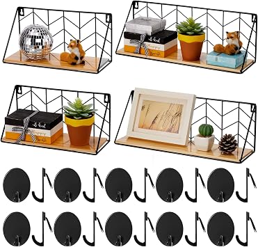 Maxdot Floating Shelves Wall Mounted Set of 4 with 24 Cubicle Hooks, Rustic Wood Storage Shelves Decor Hanging Shelves Fabric Panel Wall Hooks for Home, Living Room, Bedroom, Bathroom, Kitchen, Office