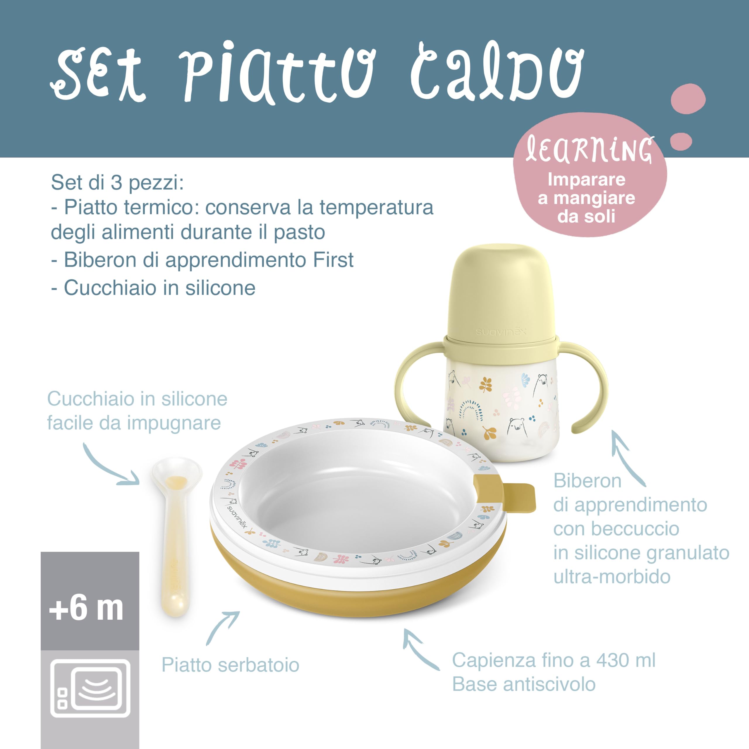 Suavinex, Zestaw gorących posiłków z talerzem termicznym, silikonowa łyżka + kubek z silikonowymi uchwytami i dziobkiem + talerz termiczny + 6 miesięcy, My Family Pink
