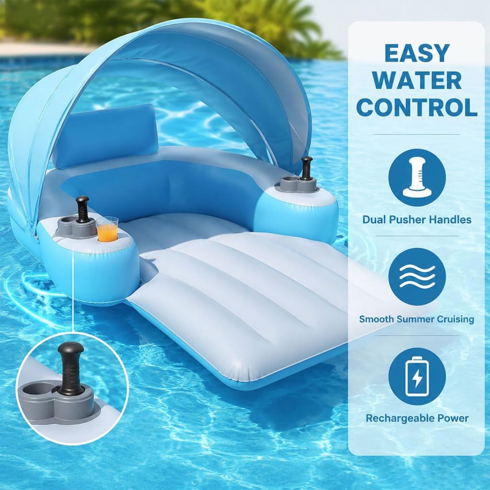Tumbona motorizada con toldo, silla flotante inflable recargable con propulsor giratorio de 360° y bomba de aire para piscina, lago, playa, vacaciones