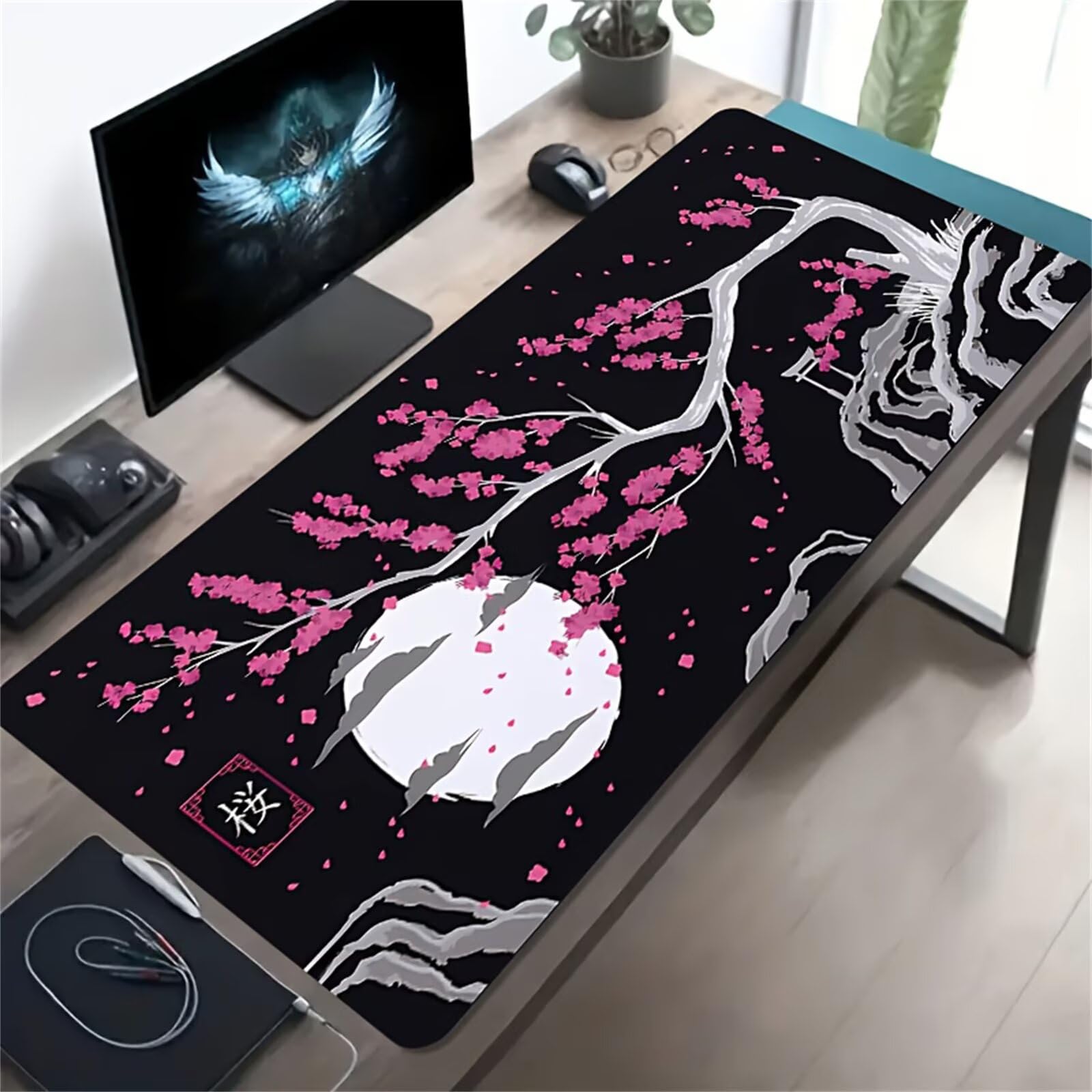 Tappetino Mouse Gaming XXL 1200x600x3 mm, Tappetino da Scrivania Grande, con Bordi Cuciti Rinforzati, Base in Gomma Antiscivolo, Tappetino per Tastiera Lavabile per PC e Laptop, Fiori Ciliegio Rosa