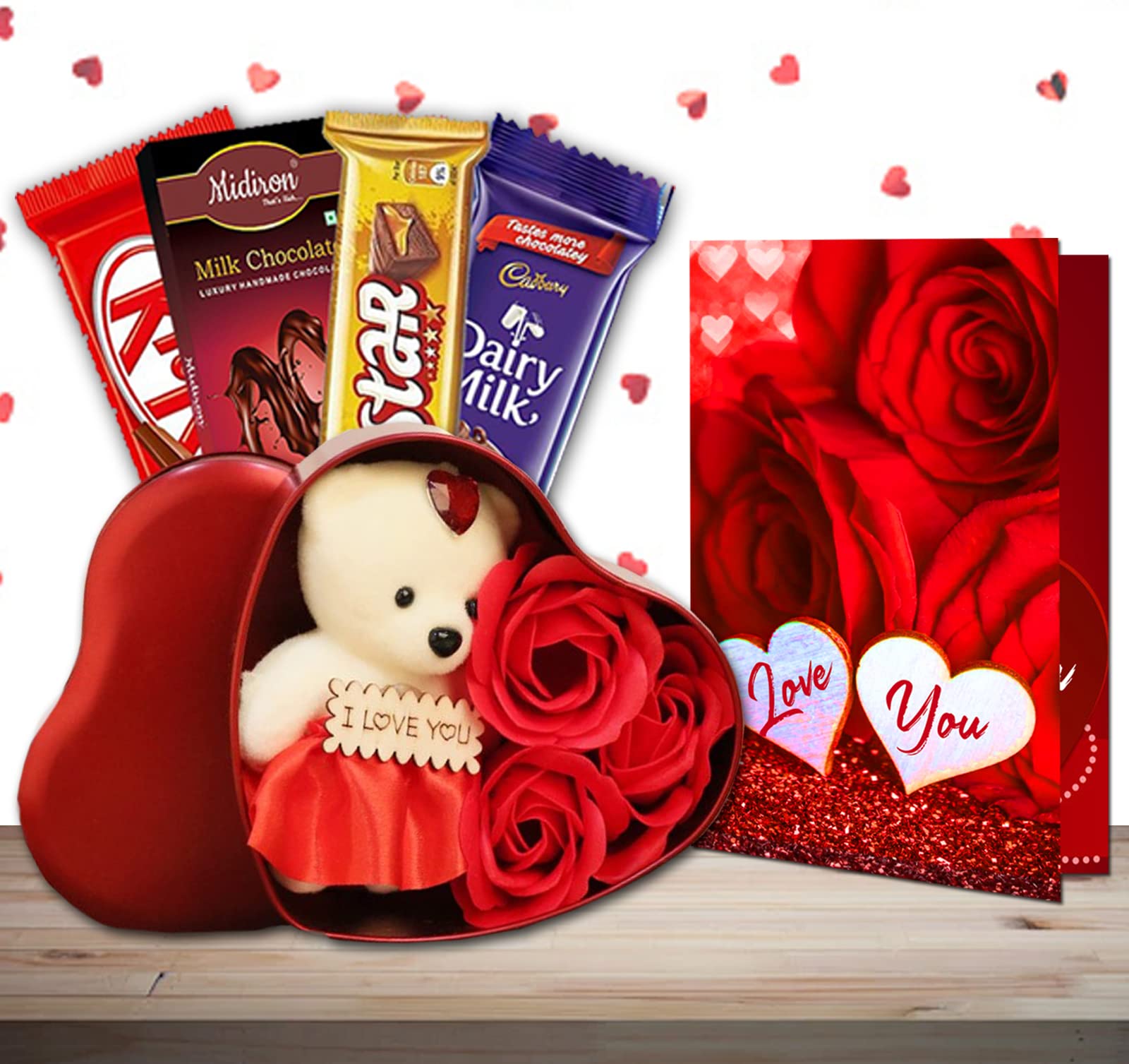 Midiron Beautiful Romantic Gift Hamper For Love One/Wife/Girlfriend |Birthday Gift For Lover With Chocolate Bars, Red Heart Shape Tin Box with Small Teddy & Love Greeting Card