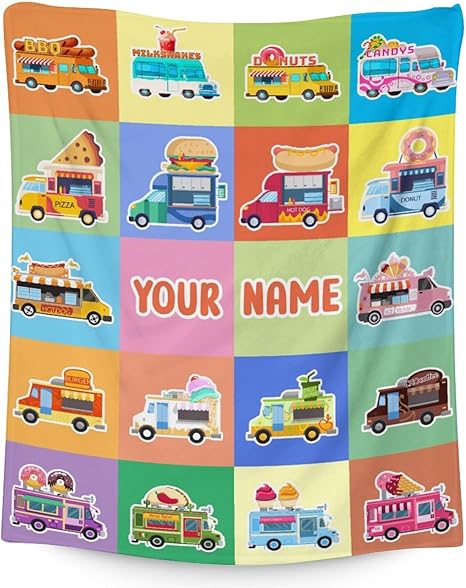 Personalized Food Truck Blanket Gifts with Name - 30x40 Inches Funny Throw Blanket for Boys & Kids - Colorful Soft Fuzzy Car Blankets for Couch & Office