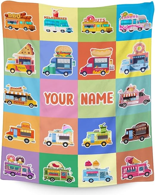 Personalized Food Truck Blanket Gifts with Name - 30x40 Inches Funny Throw Blanket for Boys & Kids - Colorful Soft Fuzzy Car Blankets for Couch & Office