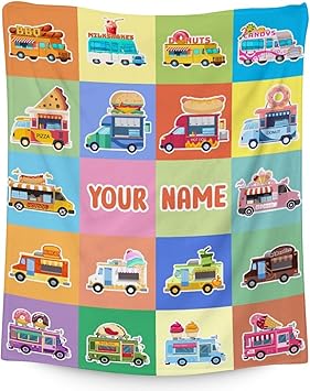 Personalized Food Truck Blanket Gifts with Name - 30x40 Inches Funny Throw Blanket for Boys & Kids - Colorful Soft Fuzzy Car Blankets for Couch & Office
