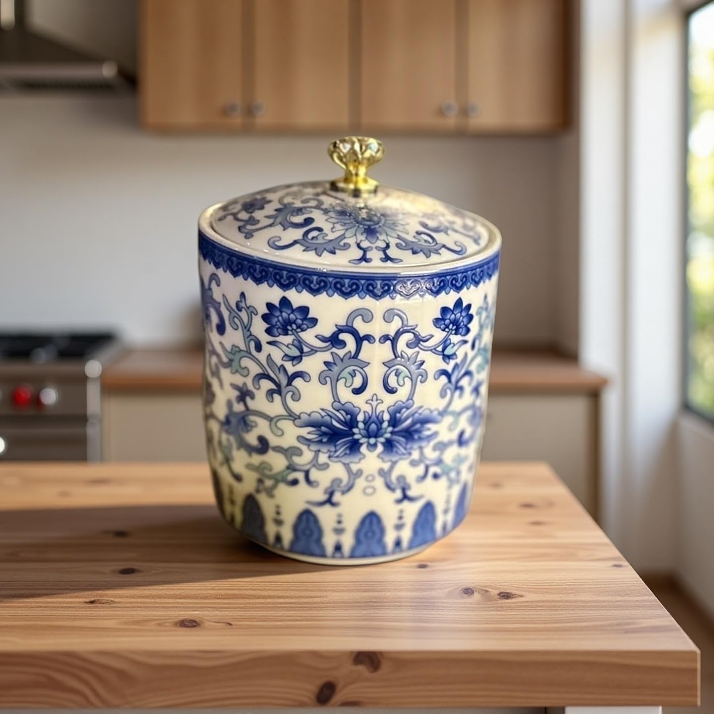 Salero de porcelana azul y blanca con tapa, tarro hermético de cerámica para especias; recipiente de sal de porcelana para encimera; almacenamiento de cocina vintage azul y blanco, fácil de