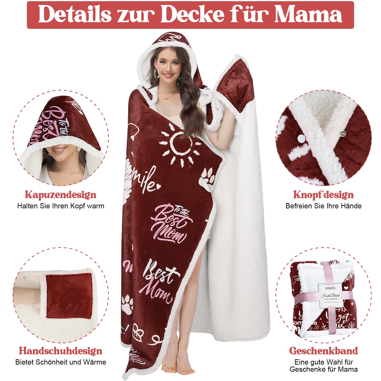 pewjury Regalo per donne, coperta portatile, coperta per divano, coperta per abbraccio, coperta con maniche, per donna, mamma, idea regalo (rosso, 130 x 185 cm)