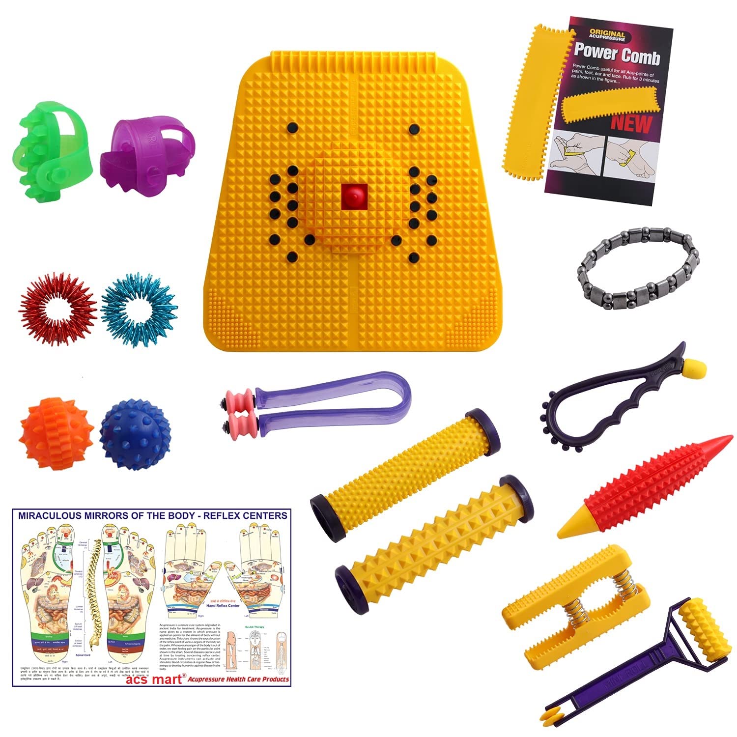 Acupressure Tools Combo Kit All In One Foot Massager B P Bracelet Finger Massager Hand Roller Reflexology Chart Sujok Ball Multi Colour