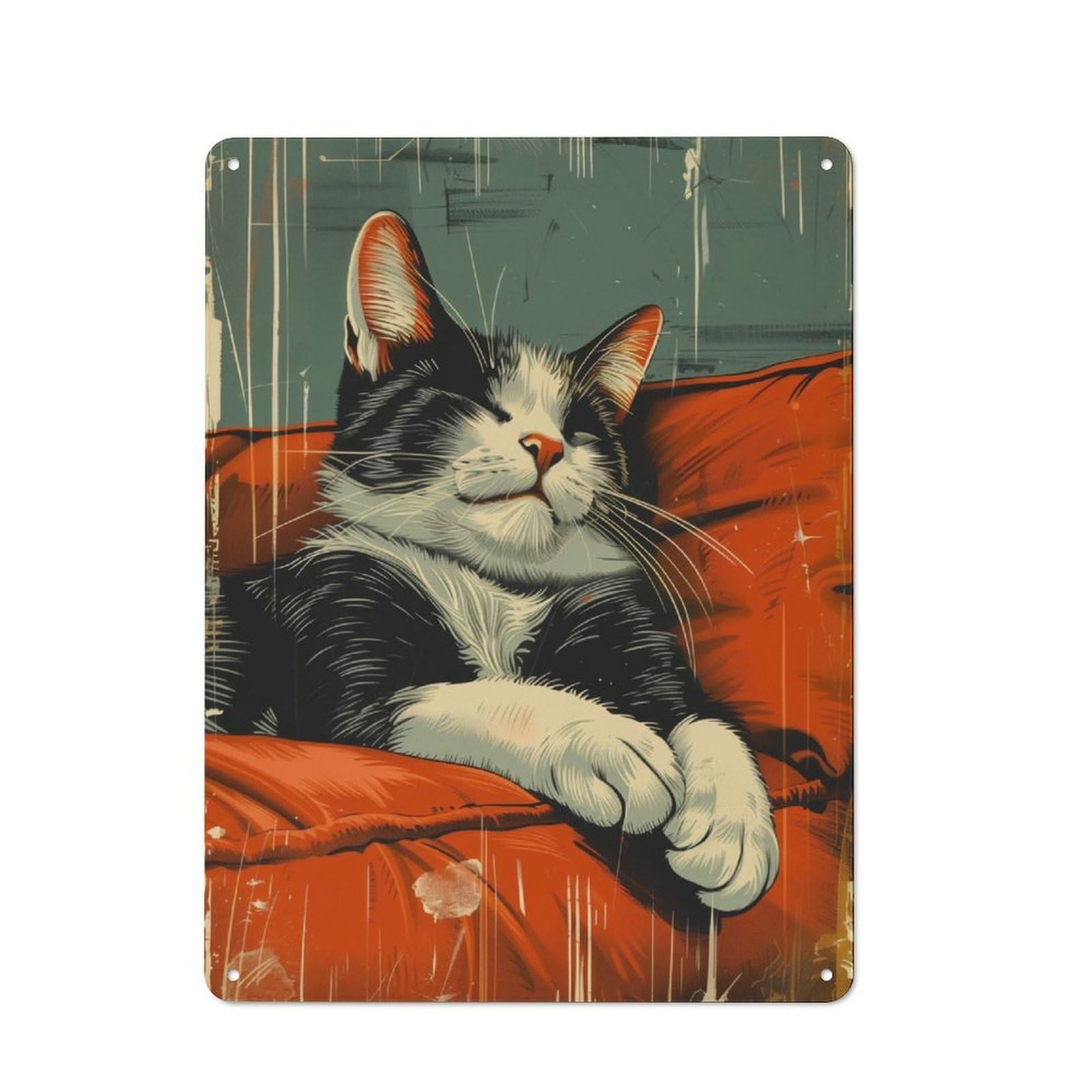 Junmoney Retro Tuxedo Cat Sleeping Rustic Metal Plaque 40X30cm For Hobby Room Or Studio, For Vintage Wall Decor Fans, For Garage And Workshop Walls