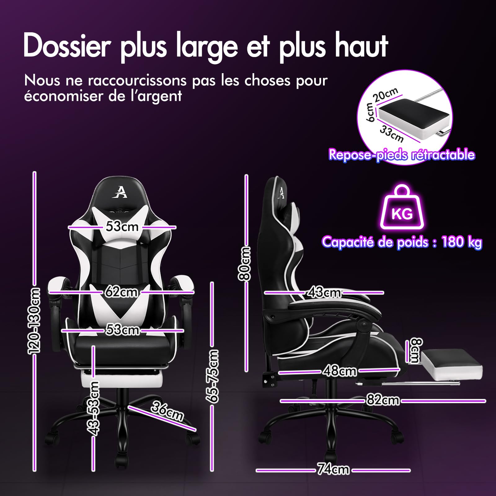 ALFORDSON Ergonomique Chaise Gaming Fauteuil Gamer Siège Bureau avec Massage et Repose-Pieds Rétractable, Inclinable 150°, Hauteur Réglable, 180 kg, pour Le Bureau à Domicile, Cuir PU,Blanc