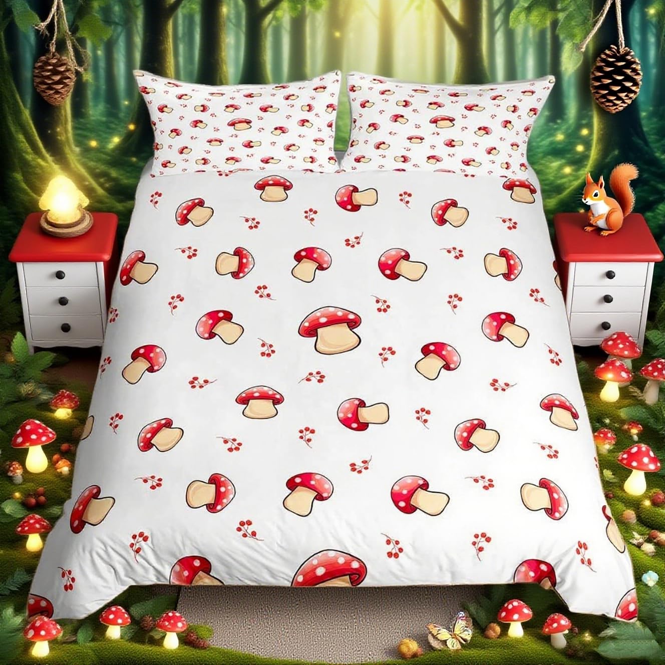 Mushroom Decor Duvet Cover Cute Mushrooms Bedding Set for Kids Boys Girls Teens Kawaii Cartoon Fungus Botanical Plants Decor Comforter Cover Red White Bedspread Cover with 2 Pillow Shams,King Size