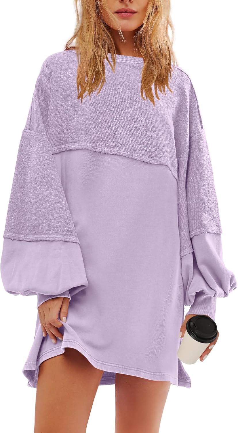 Panadila Womens Oversized Long Sleeve Patchwork Sweatshirt Dress Crewneck Tunic Sweatshirts Fall Loose Pullover Top