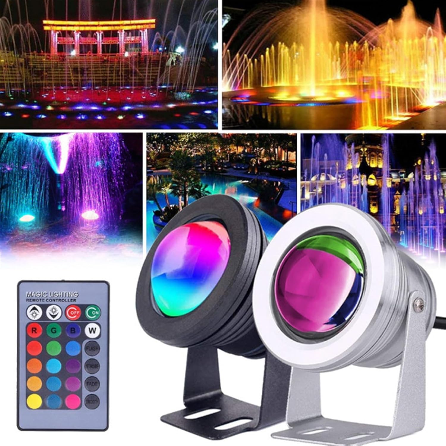 DC 12V 10W RGB Color Underwater Lights Outdoor Fish Tank Lighting Lamp IP68 + 24key Remote Control for Piscina Swimming Pools(White Shell)