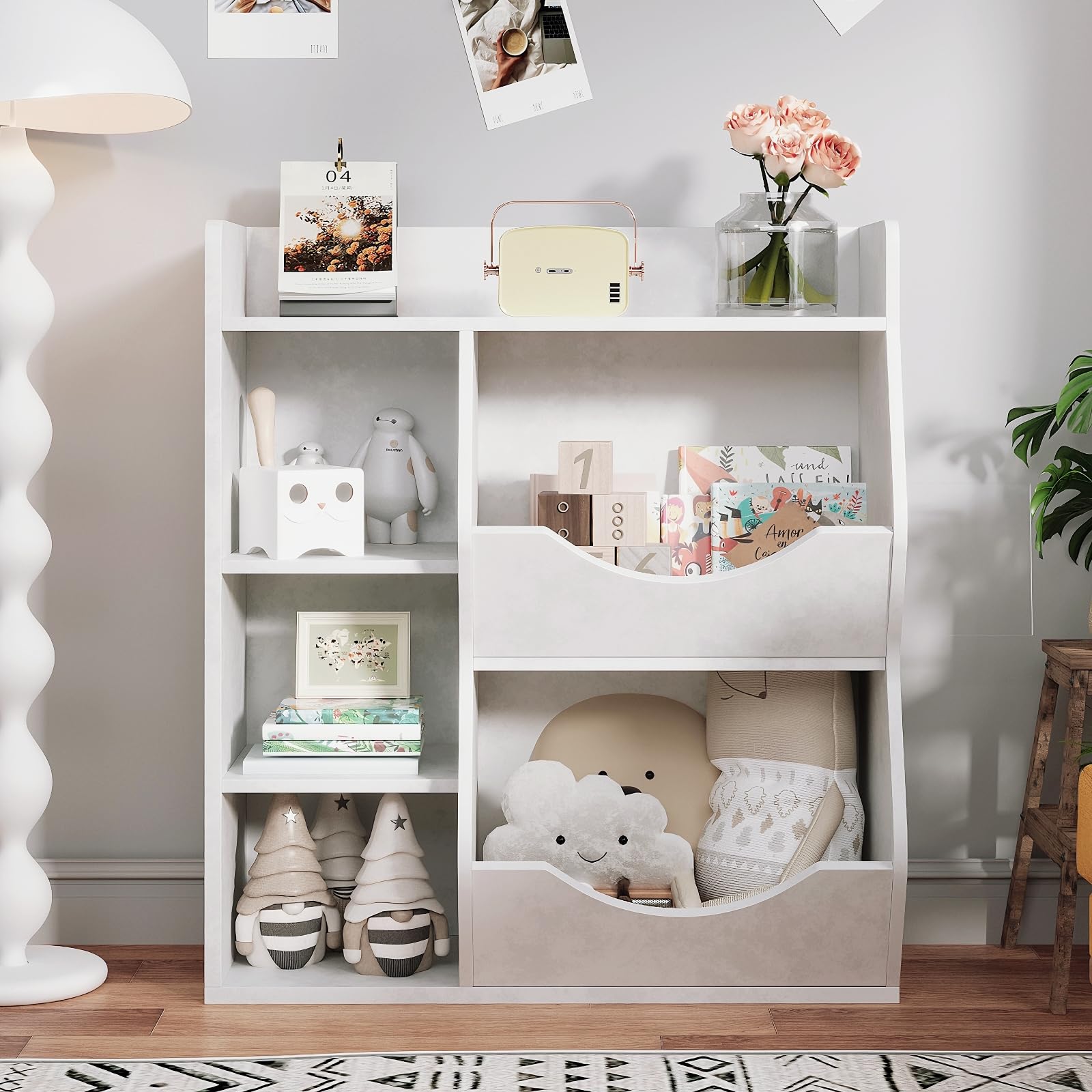 SunnyFurn Kids 3-Tier Toy Storage Organizer Kids Bookshelf Double Side Toy Shelf White- 5 Compartment Bookshelf & Toy Shelf for Kids' Room, Bedroom, Living Room, and Kindergarten - for Toys and Books