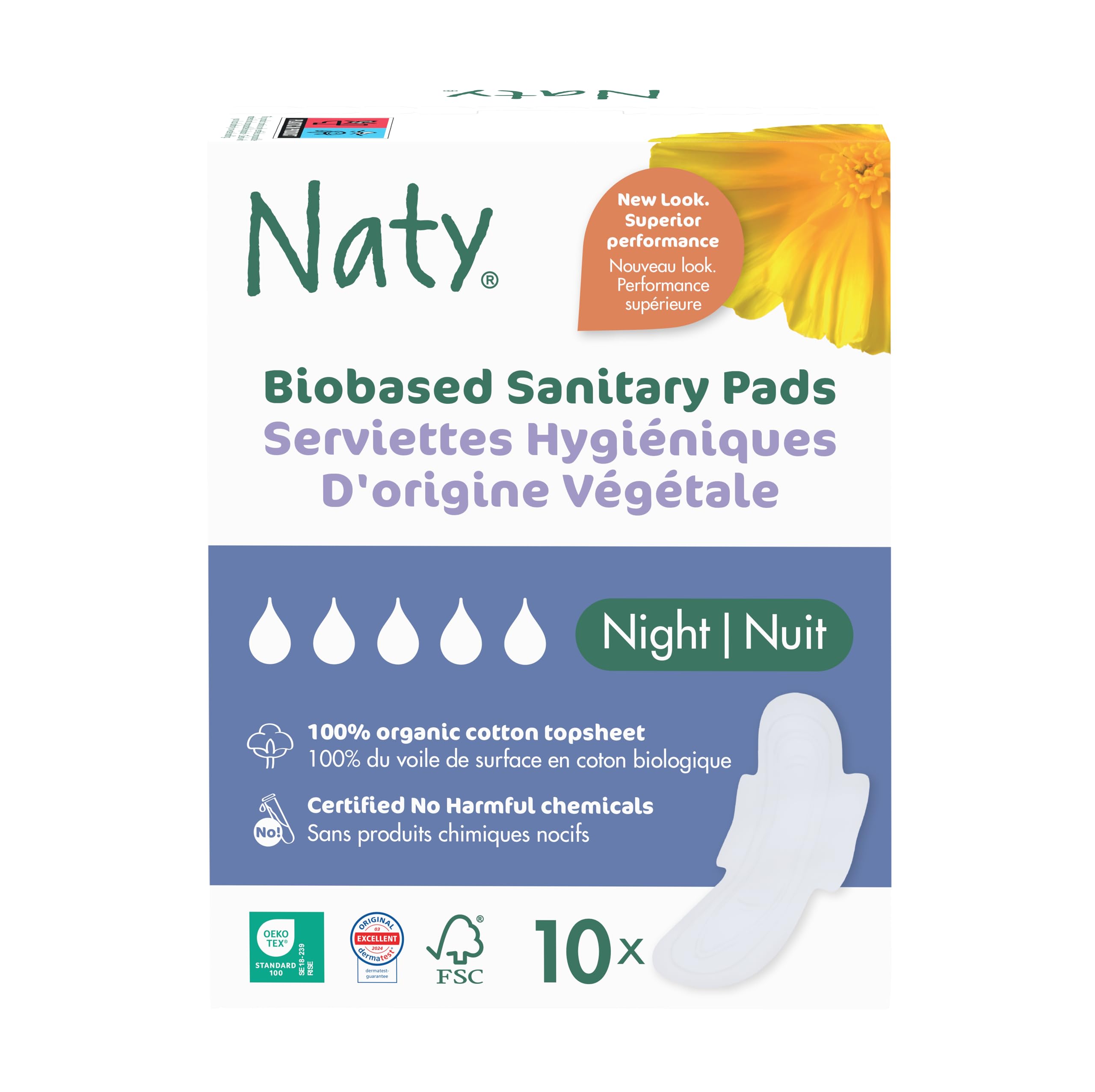 Naty Sanitary Towels Night with Wings | 100% Certified Organic Cotton top Sheet | Certified Skin-Safe Period Pads | Unscented, 0% Conventional Plastic| Absorbent Protection | 10 Pads