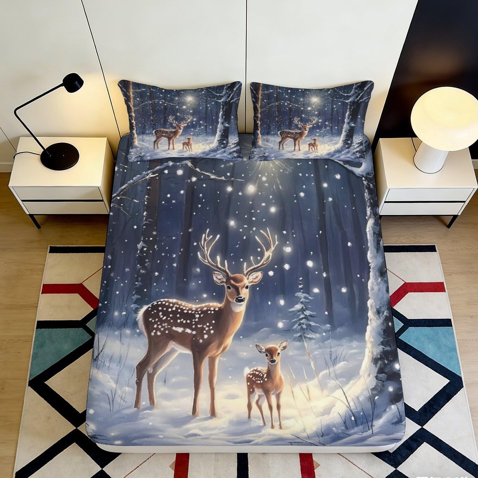 3D Printed Forest Deer Fitted Sheet Microfiber Soft Snow Woodland Bed Cover for Bedroom Guest Room Decor 180x200x25cm