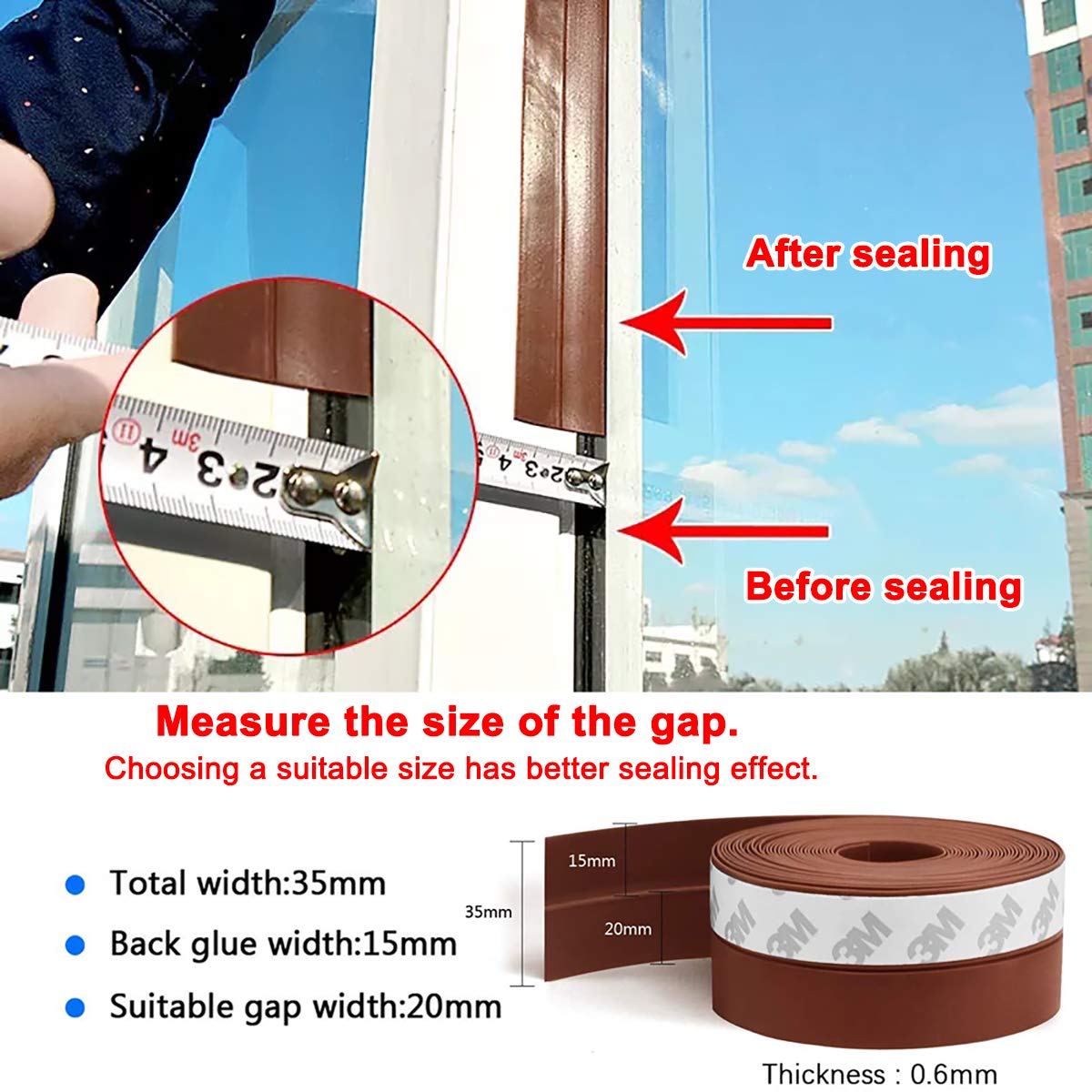 JEMESI Sigillante Autoadesivo, Porta Guarnizione Inferiore, Striscia Sigillante in Silicone Autoadesiva per Porte e Finestre,Insonorizzato, Weather Stripping, 10mx35mm (Marrone）