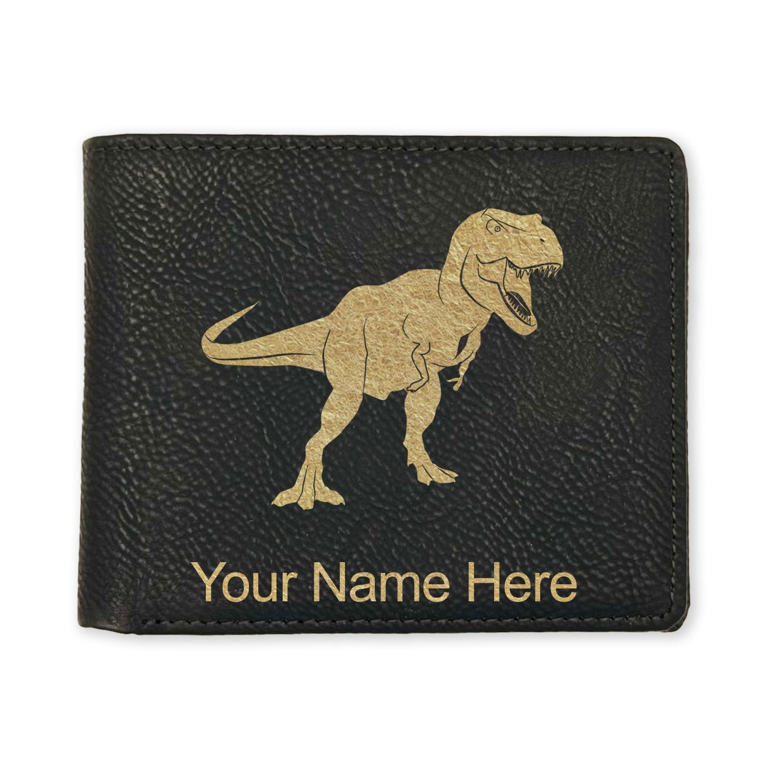 LaserGram Faux Leather Bi-Fold Wallet, Tyrannosaurus Rex Dinosaur, Personalized Engraving Included (Black with Gold)