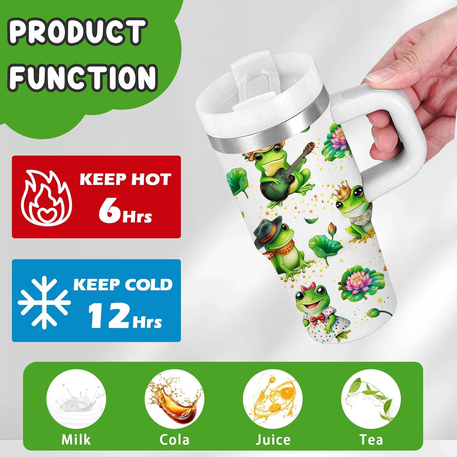 Frog Tumbler Gifts, 14 oz Frog Themed Tumbler with Handle and Straw, Stainless Steel Double Wall Vacuum Insulated Cup Keep Hot Cold - 14oz Travel Mug with Lid Tumblers for Home Work Outdoor Use - Image 4