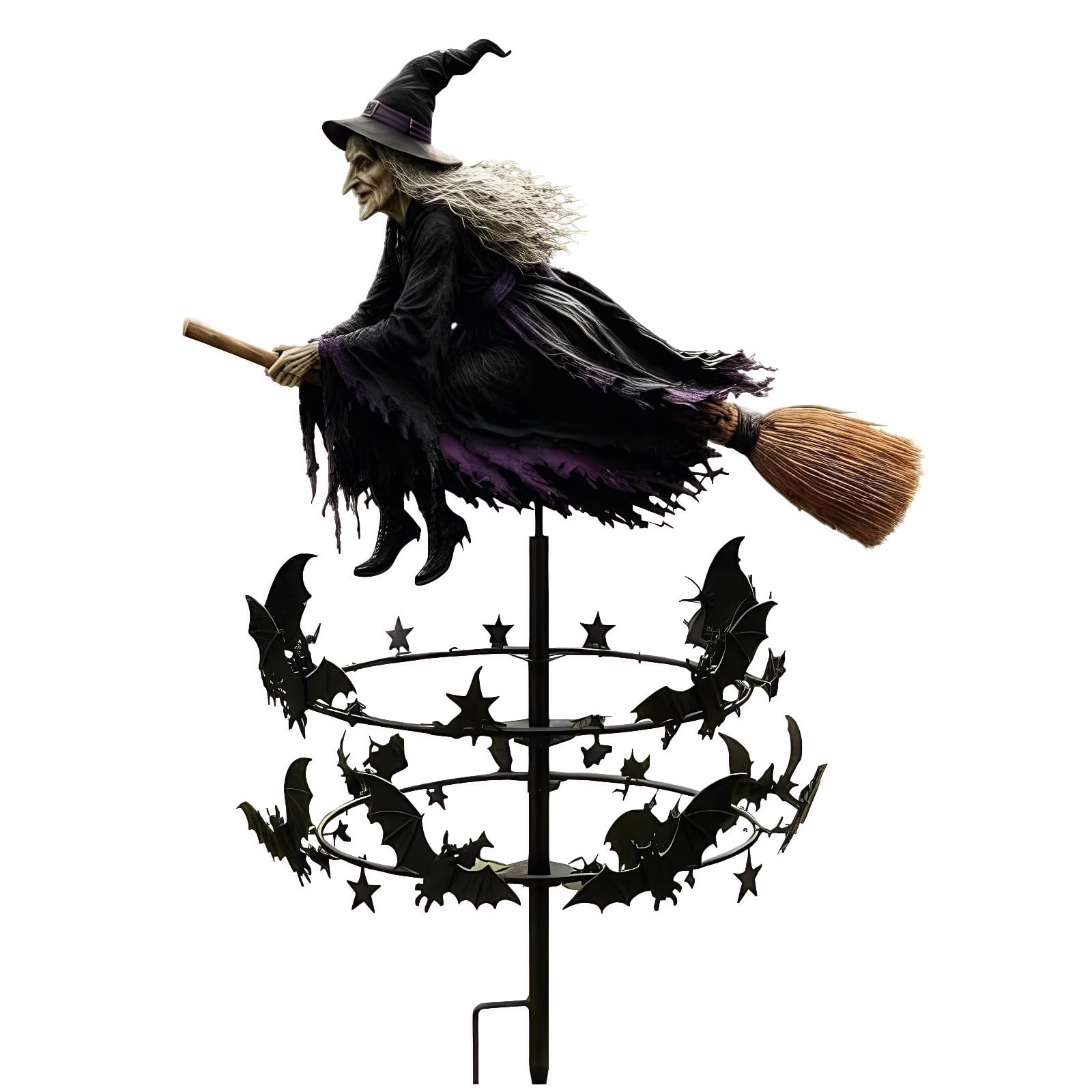 Enchanted Witch Bat Metal Wind Spinner Garden Stake, All Weather Halloween Outdoor Yard Lawn Patio Fall Decor