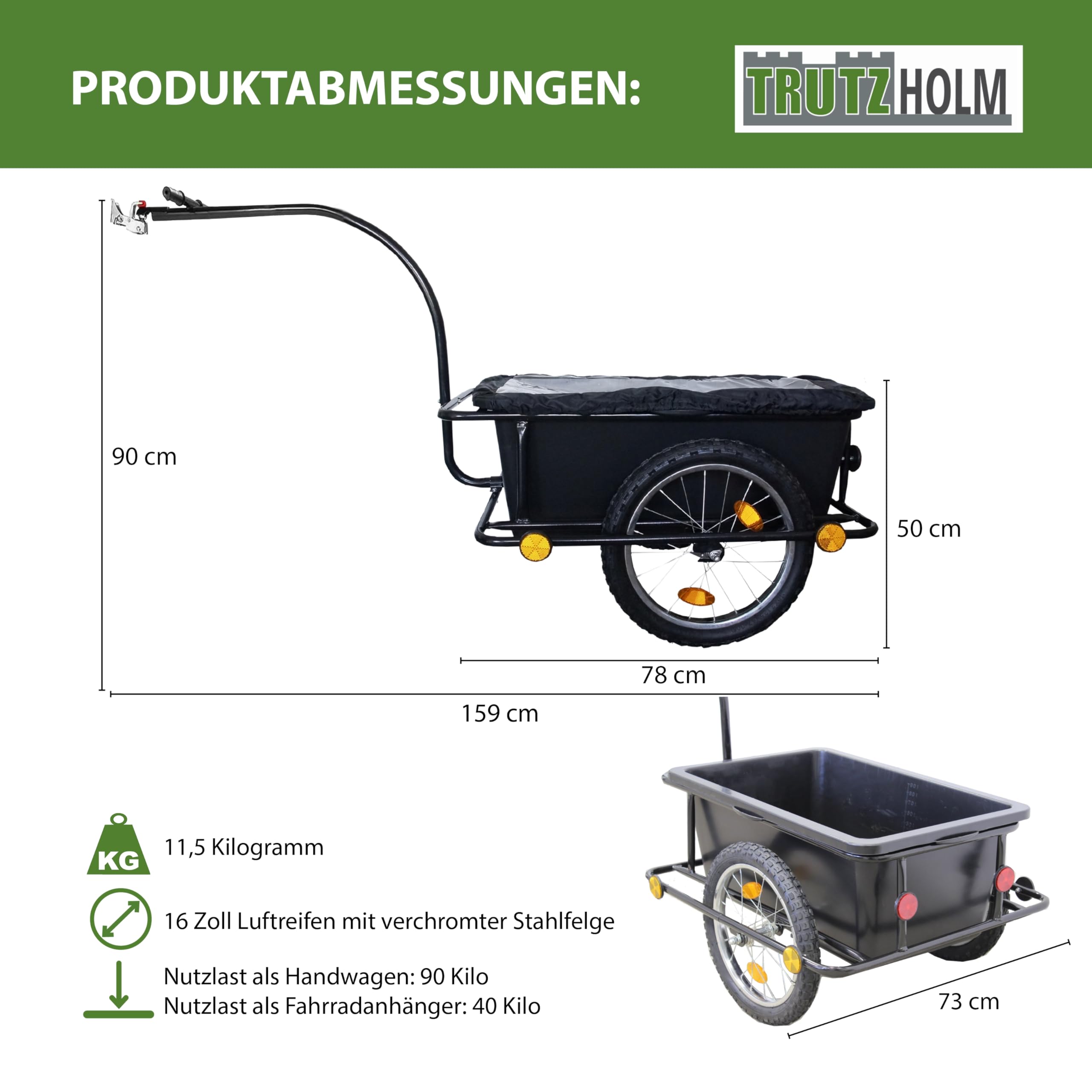 TRUTZHOLM Fahrradanhänger Lastenanhänger & Handwagen 90 Liter Transportanhänger mit Anhängerkupplung und Abdeckplane Kunststoffwanne herausnehmbar Fahrradwagen Trailer, Schwarz
