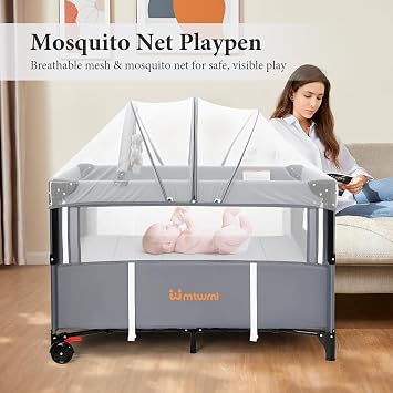 MTWML Pack and Play with Bassinet,5 in 1 Portable Baby Playard,Bedside Sleeper,Changing Table with Mosquito Net & Wheels,1-Second Setup Foldable Playpen and Nursery Center for Home Travel(DeepGrey)
