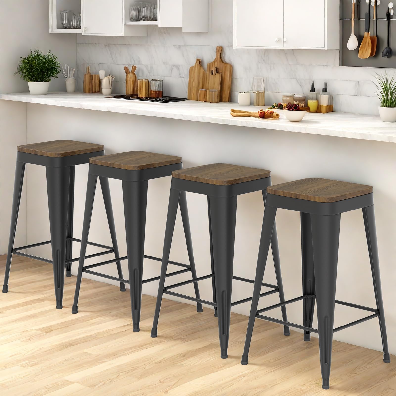 Homvinax 30 Inch Metal Bar Stools, Backless Industrial Bar Stool with Wood Seat, Stackable Counter Height Bar Stools Set of 4 for Kitchen Island,