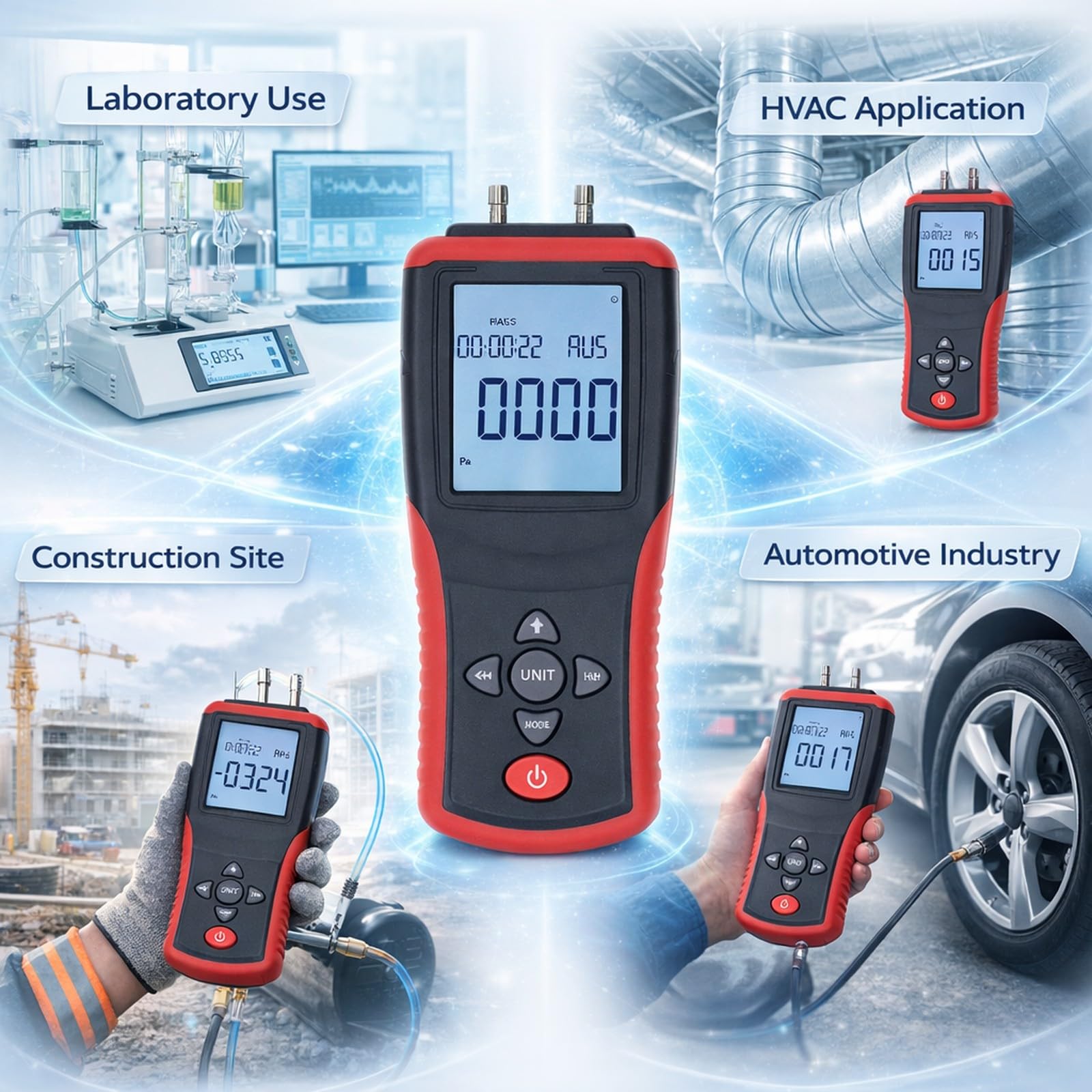 Misuratore di pressione differenziale digitale, 12 unità di misura selezionabili, retroilluminazione, alloggiamento ABS, modalità dati con memorizzazione, alta precisione, uso versatile, ideale per