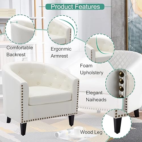 Miniatura 46 de Goujxcy Sillón de barril estilo club para sala de estar, acogedora y moderna silla de microfibra con cabeza de clavos y patas de madera maciza para