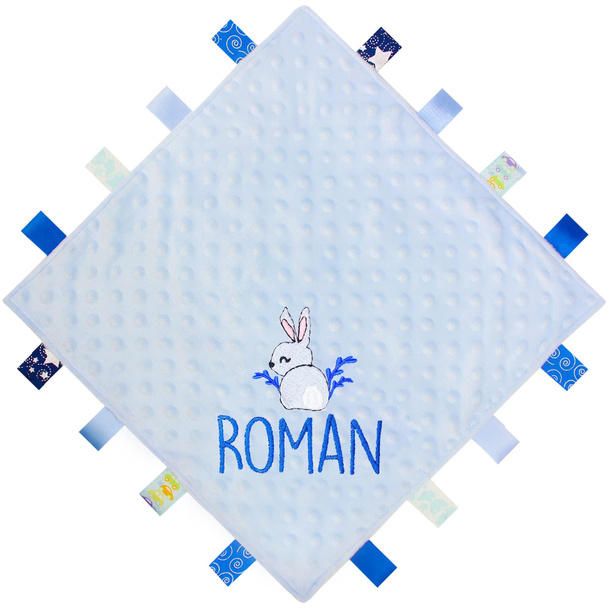 TeddyT's Personalised Bunny Rabbit Baby Taggy Blanket Comforter Gift (Blue)