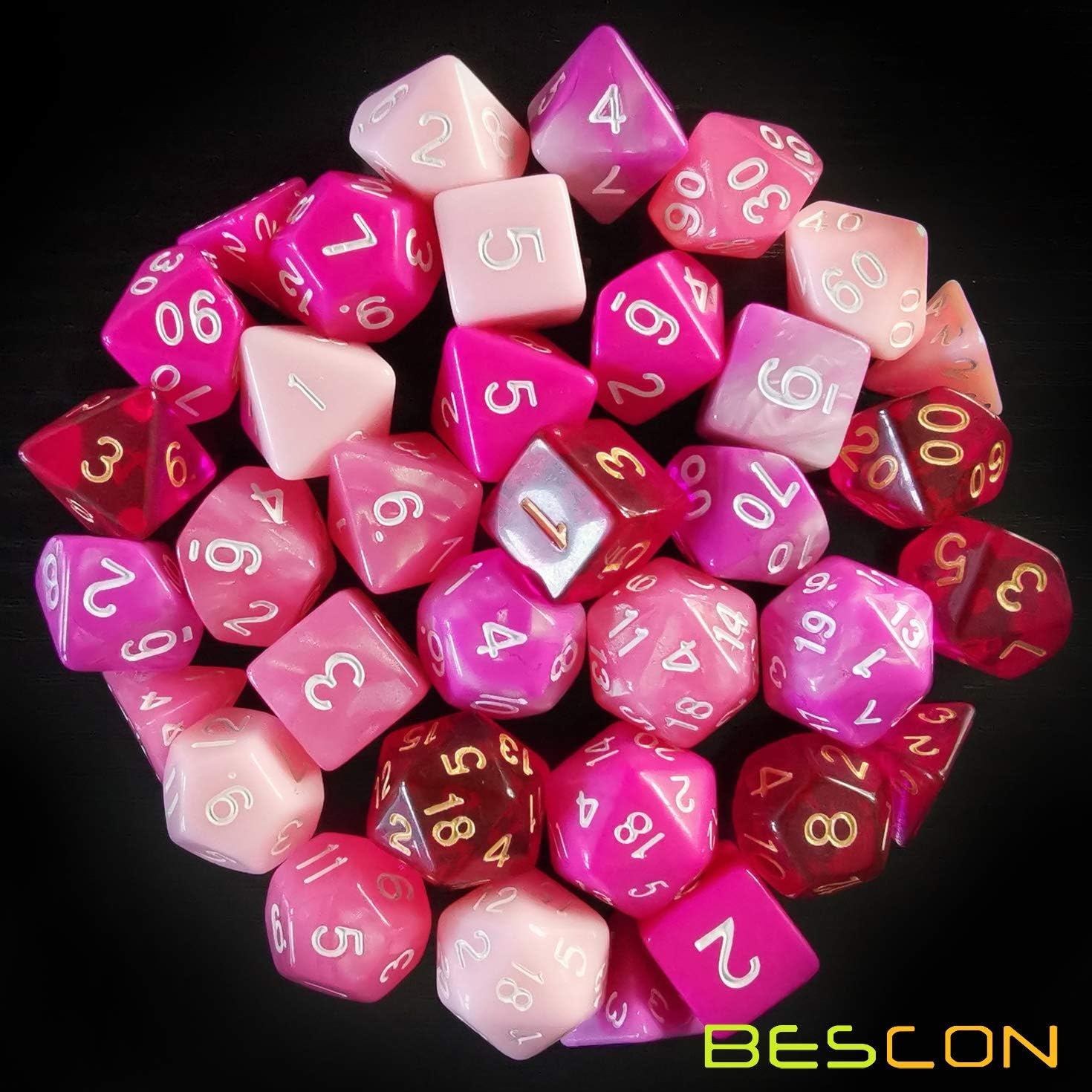 Bescon Polyhedral RPG Dice Full 35pcs Blossom Set, DND Role Playing Game Dice 5X7pcs, Pink Blossom Set, Standard size - Image 3