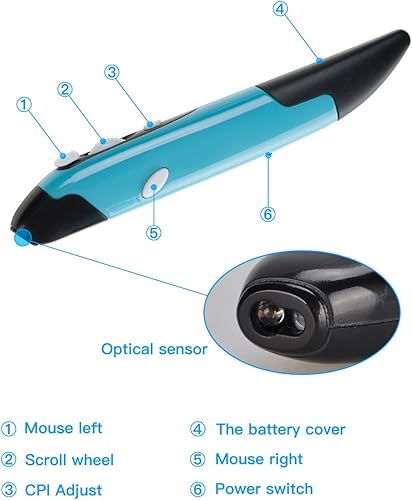 Miniatura 3 de lychee Ratón Óptico Inalámbrico de Bolsillo Tipo Pluma, Ratón Óptico Inalámbrico USB 2.4GHZ Tipo Pluma 800/1200/1600 DPI Ajustable Escritura a Mano