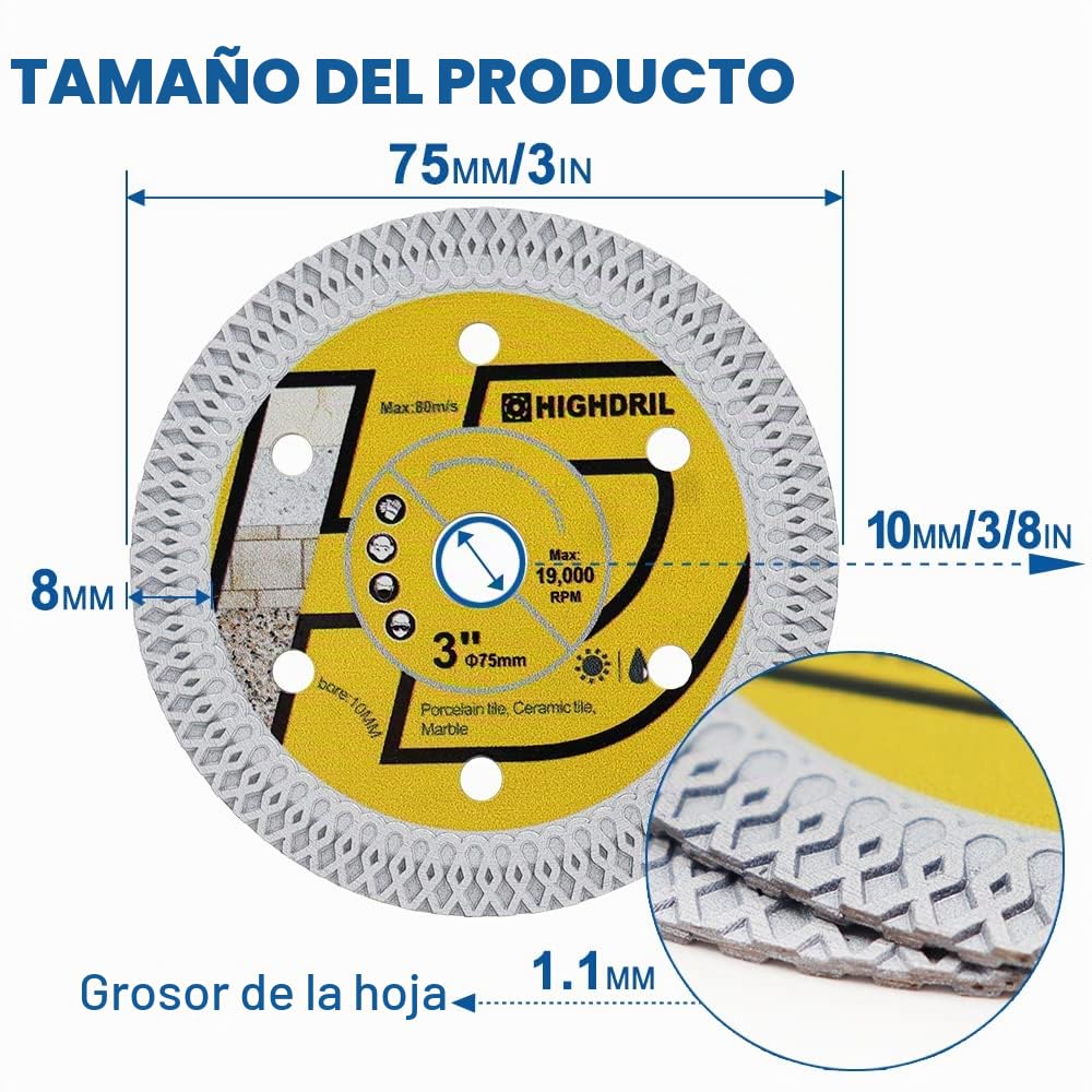 HIGHDRIL Disco Diamante para Porcelánico 75mm - 3piezas Discos Corte para Cerámica Porcelánico Mármol Granito Piedra Artificial