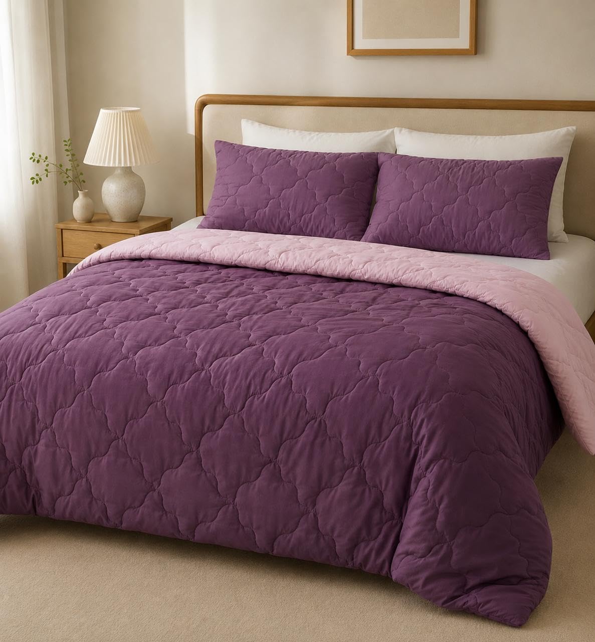 Reversible Quilted Comforter Set, Purple and Pink, Queen Size | 2 Pillow Shams Included, Dual-Tone Design, Quilted Stitching, Soft Bedding Set, All-Season Use-image-24