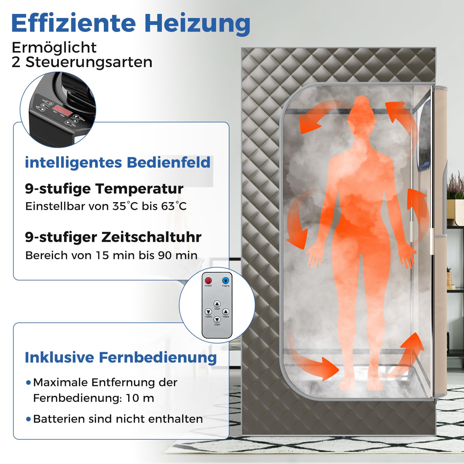 COSTWAY Dampfsauna Heimsauna für Zuhause, Ganzkörpersaunabox mit 3-Liter-Dampfgenerator, Fernbedienung, Fußmassagegerät & Klappstuhl, tragbare Saunazelt 91 x 91 x 183 cm (grau)