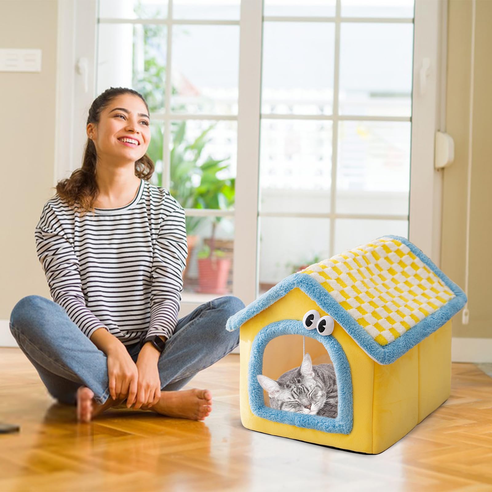 Galatée Casa para Gatos, Linda Cueva con Chimenea, Casa Suave con Dibujos Animados, Cálido Refugio para Gatos, Tienda De Campaña para Perros con Cojín Extraíble(L, Amarillo)